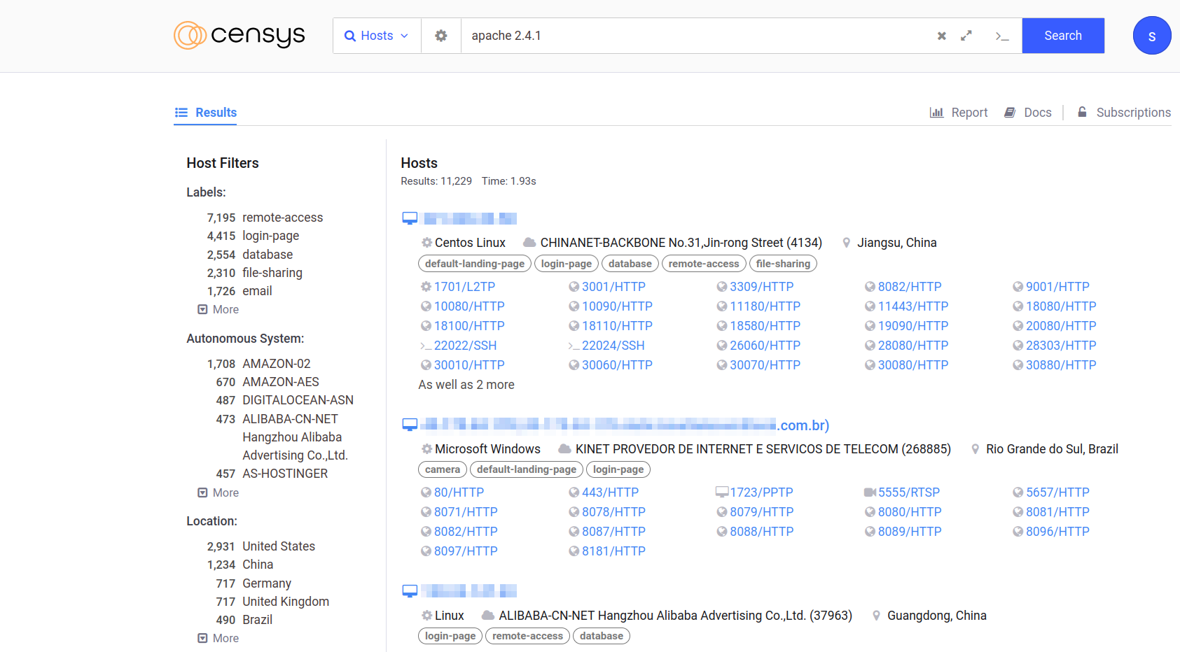 The results of searching for apache 2.4.1 on the Censys website.